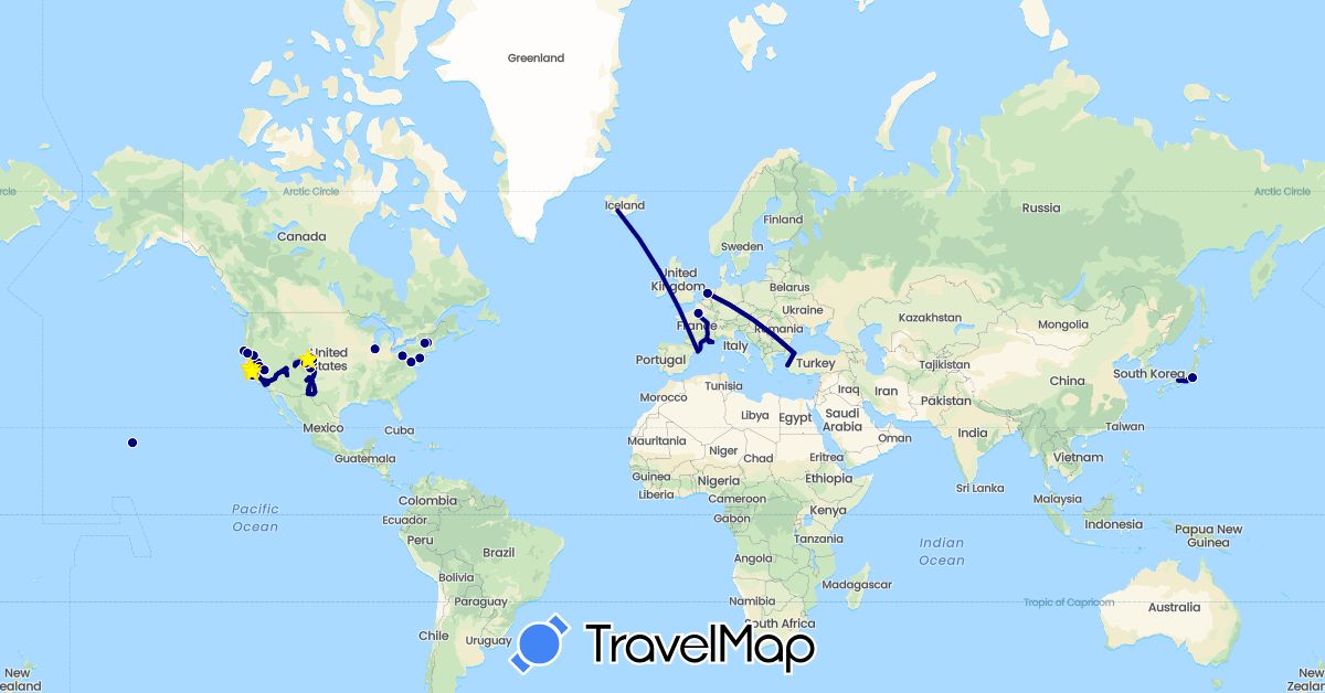 TravelMap itinerary: driving in Spain, France, Iceland, Japan, Netherlands, Turkey, United States (Asia, Europe, North America)
