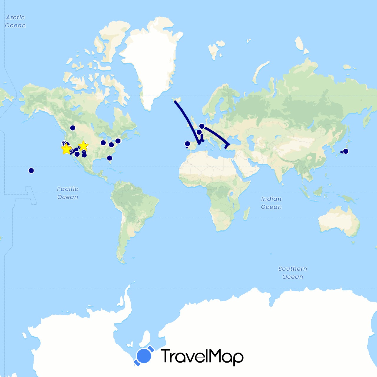 TravelMap itinerary: driving in Canada, Spain, France, Iceland, Japan, Netherlands, Portugal, Turkey, United States (Asia, Europe, North America)